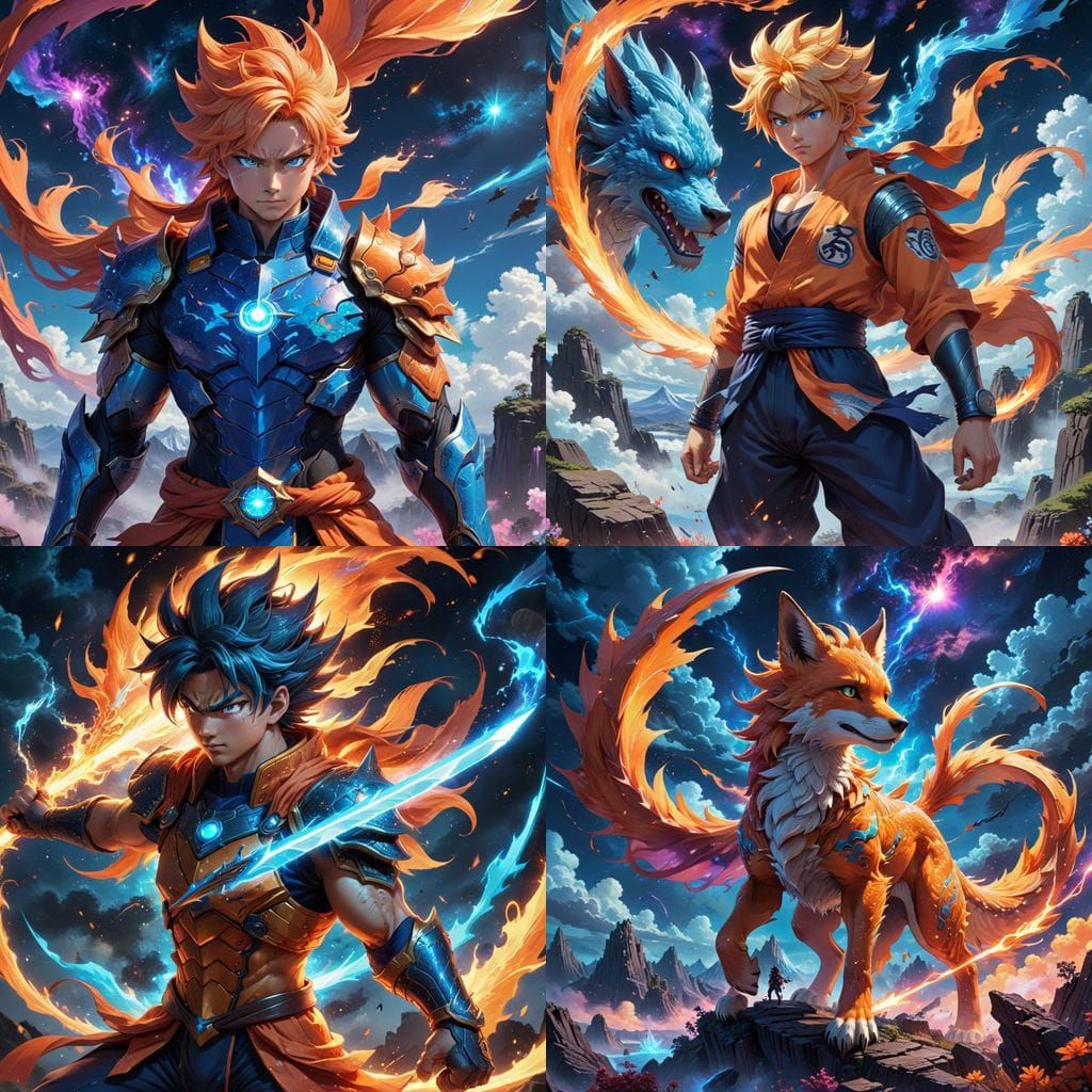 Anime-Inspired Dragon-Fox Warrior in Vibrant Cosmic Landscap...
