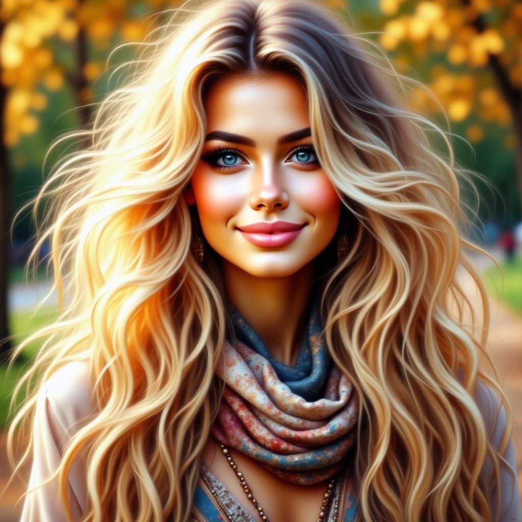 Beautiful Woman with Blonde Hair in Autumn Park