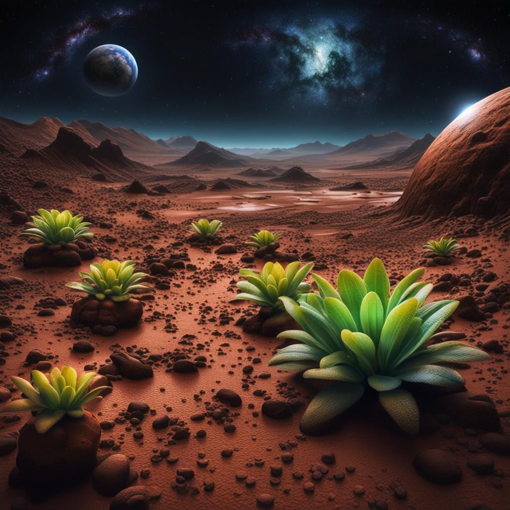 Exotic Plants on Mars: Hyperrealistic Night Scene