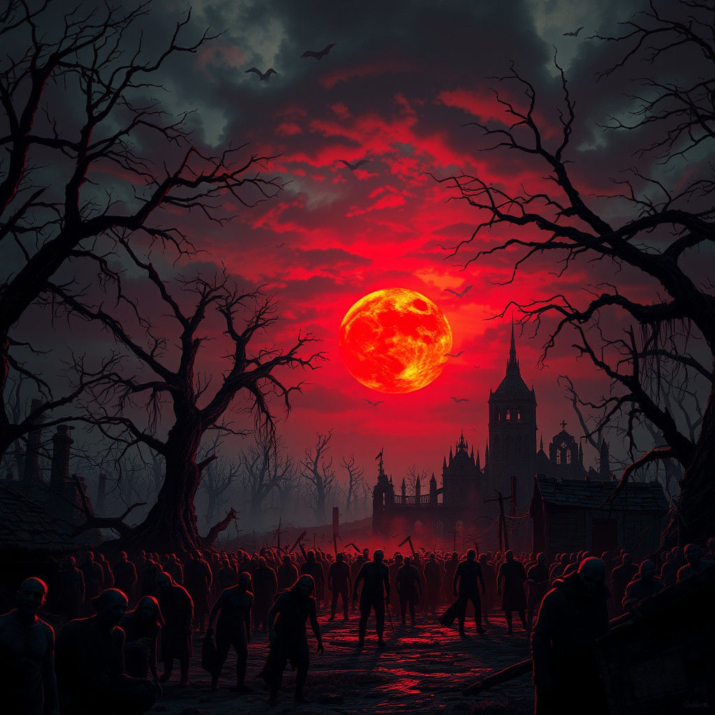 Creepy Blood Moon Over Zombie Landscape