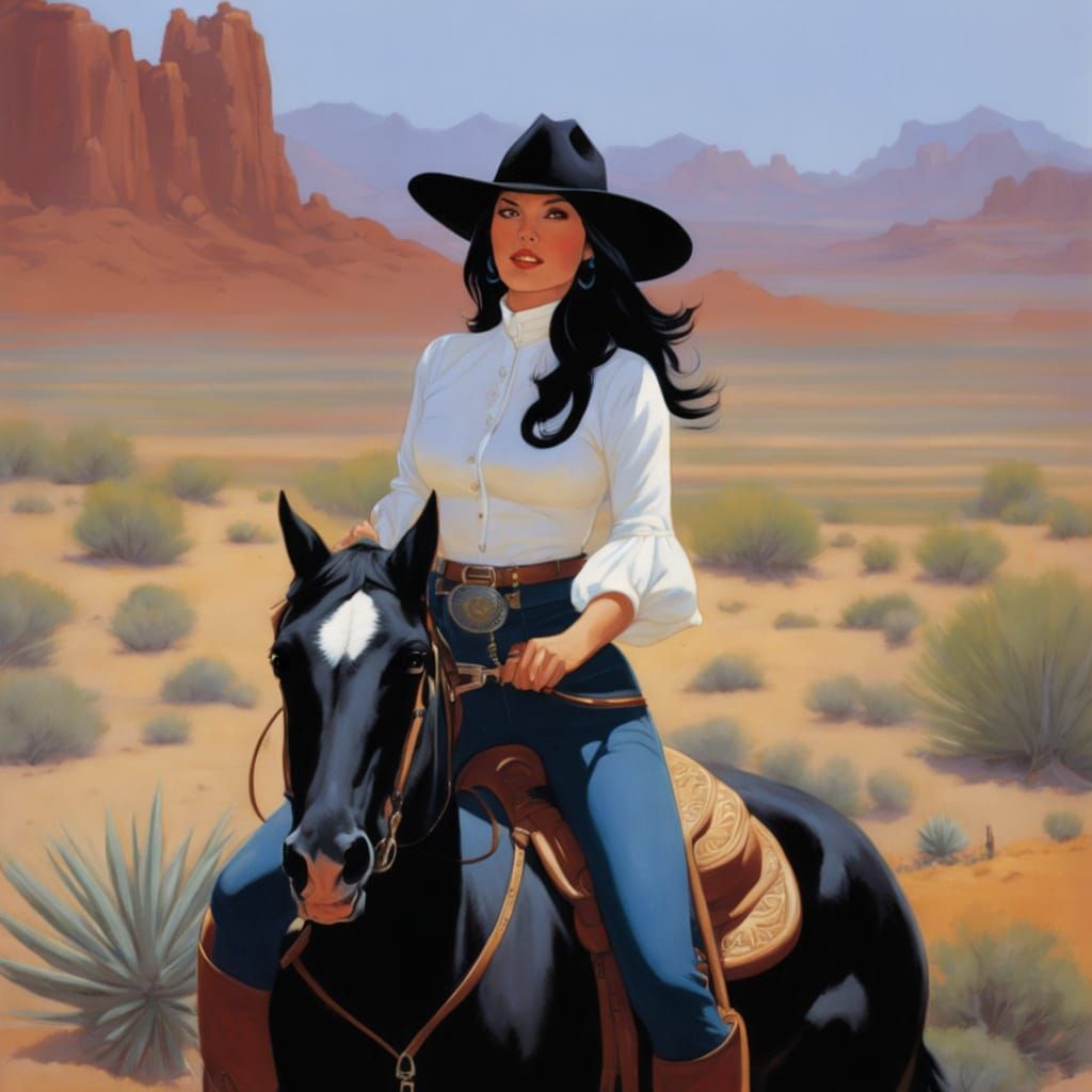 Vibrant Desert Lady on Horseback in Retro Style