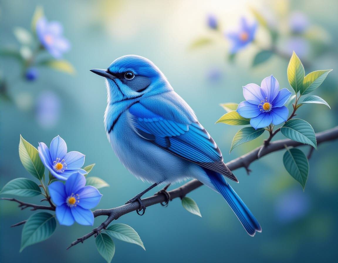 Exquisite Azure Blue Bird Portrait in Watercolor Style