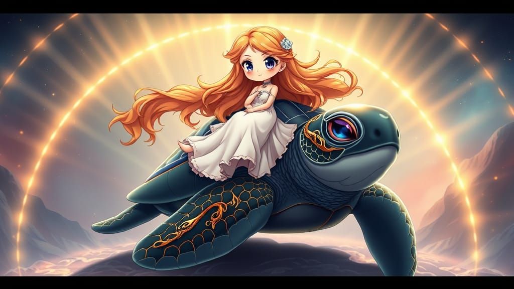 Anime Chibi Woman on Cosmic Sea Turtle