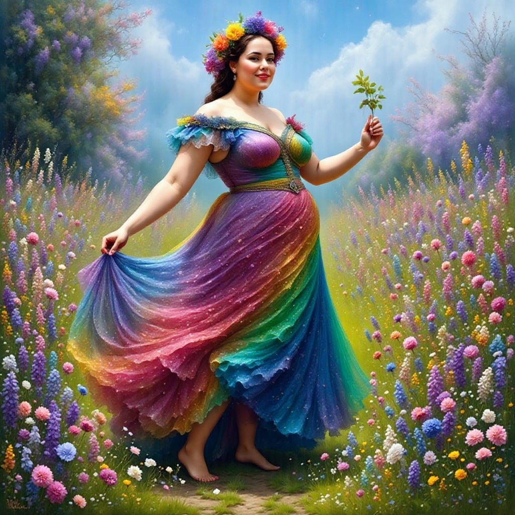 Curvy Woman in Meadow as Renaissance Oil Painting