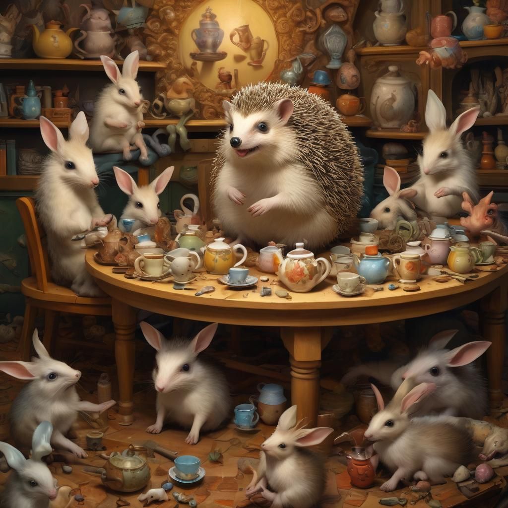 Surreal Hedgehog Crafts Rabbits in Dreamlike Style
