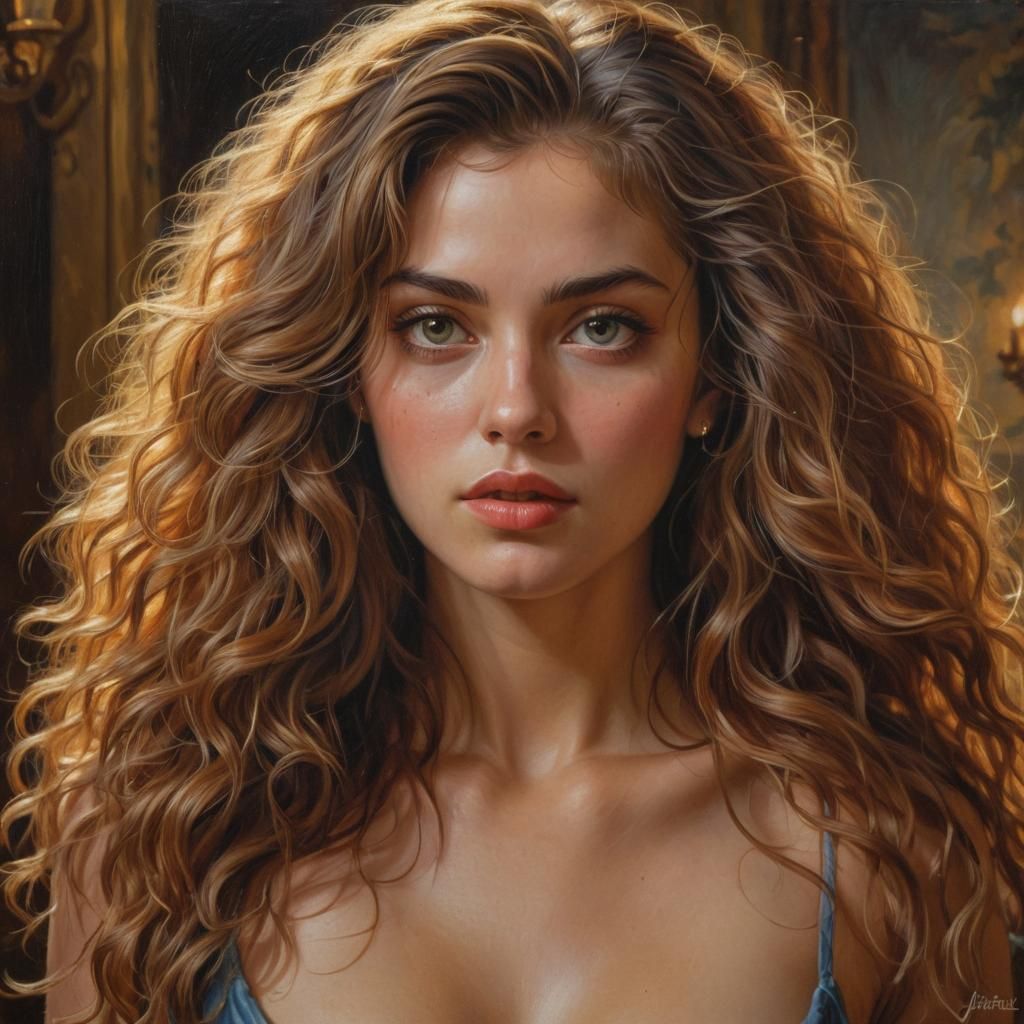Elegant Femme with Long, Luscious Hair in Oil Painting Style