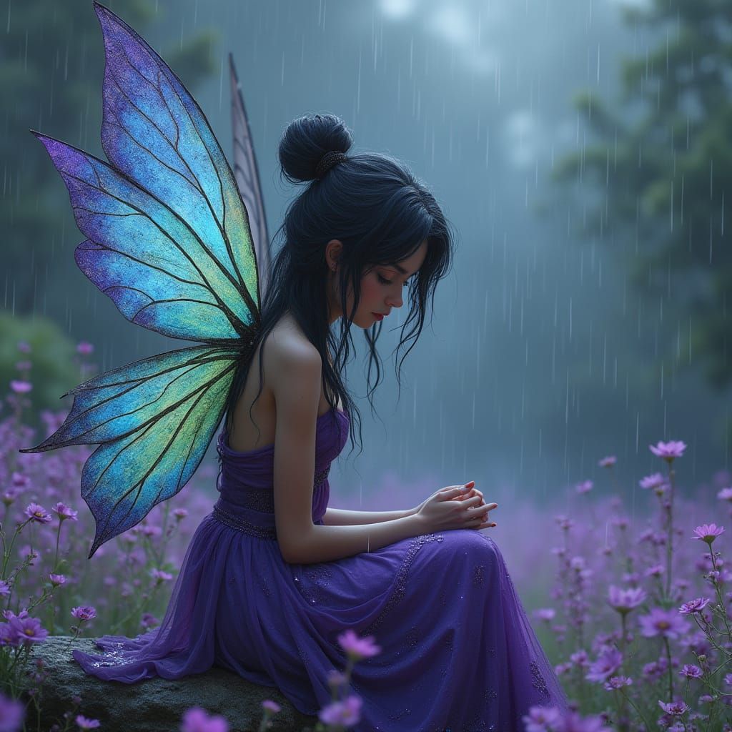 Melancholic Fairy in Whimsical Summer Landscape