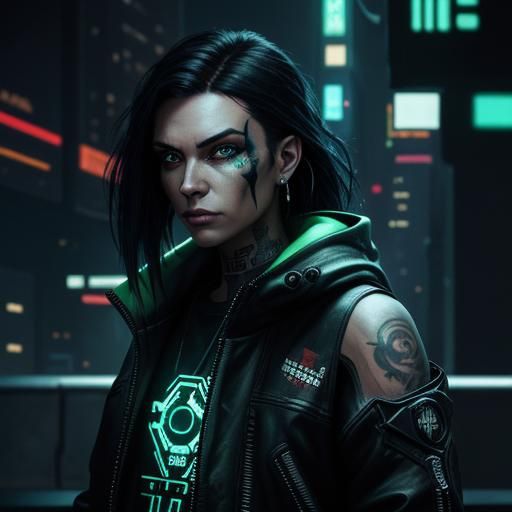 Cyberpunk Girl with Console in Neon Cityscape
