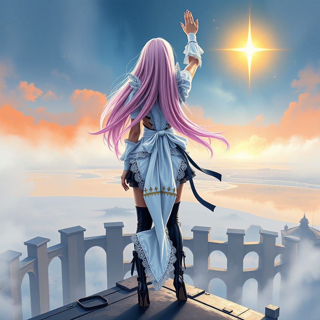 Futuristic Maid Goddess Reaches for a Glowing Star