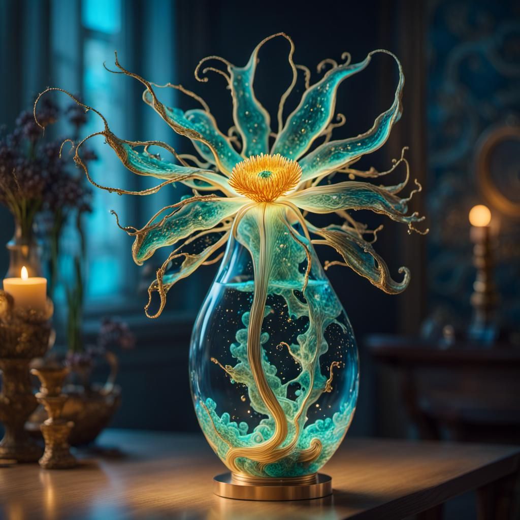 Bioluminescent Amoeba Sculpture of Flower in Vase