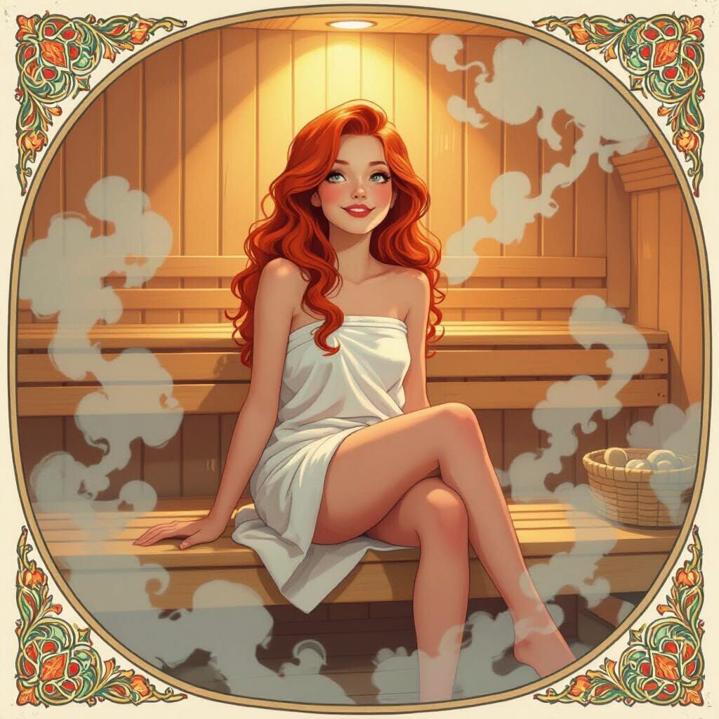 Redhead Girl in Sauna: Art Nouveau Style