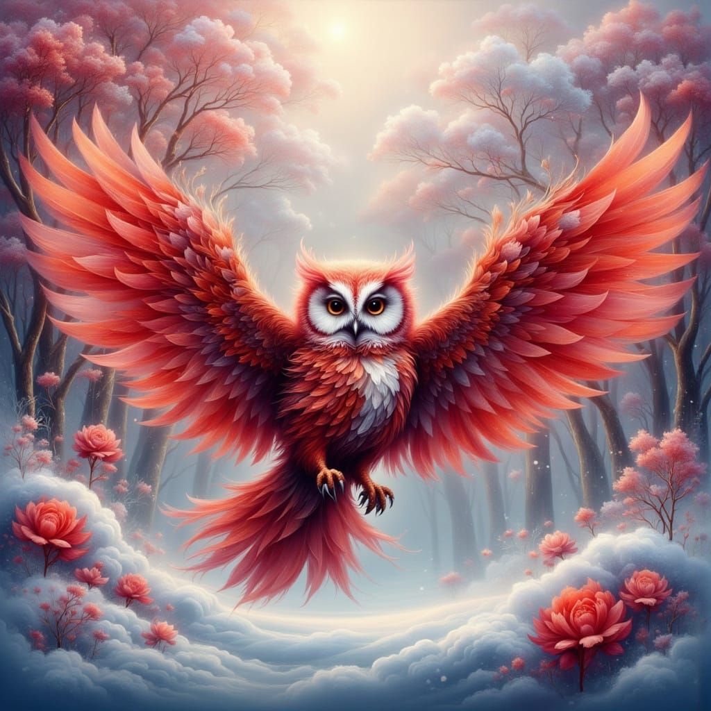 Rose Petal Owl in Snowy Forest Illustration