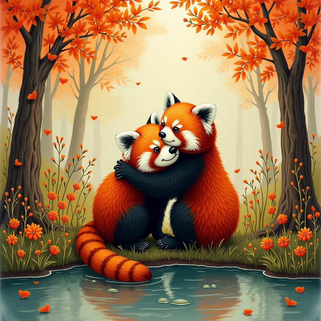 Red Pandas Embracing in Deep Color Hues, Pencil Drawing with...