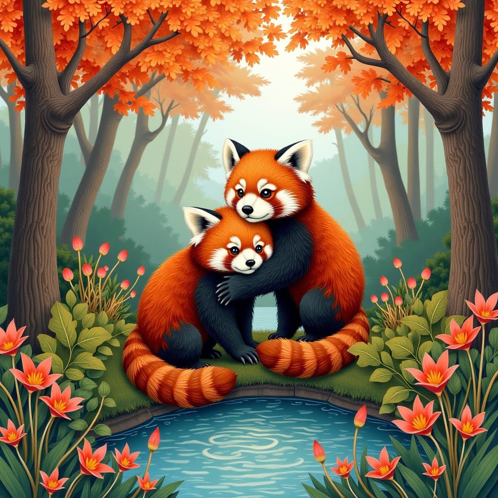 Adorable Red Pandas in Whimsical Pencil Drawing Style