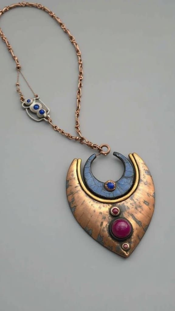 Copper and Silver Pendant with Gemstones, 3D Render