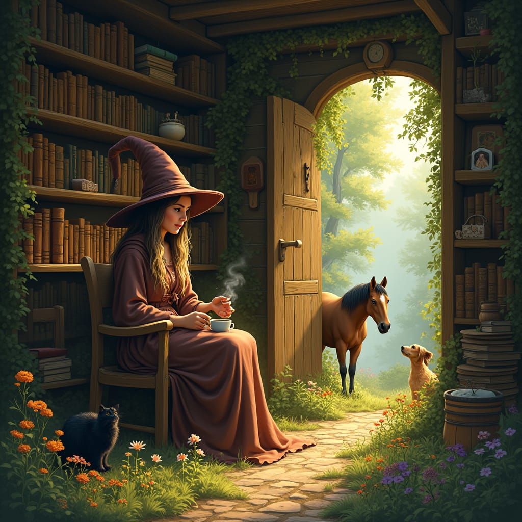 Witch Enjoys Cozy Coffee Morning in Whimsical Forest Cottage