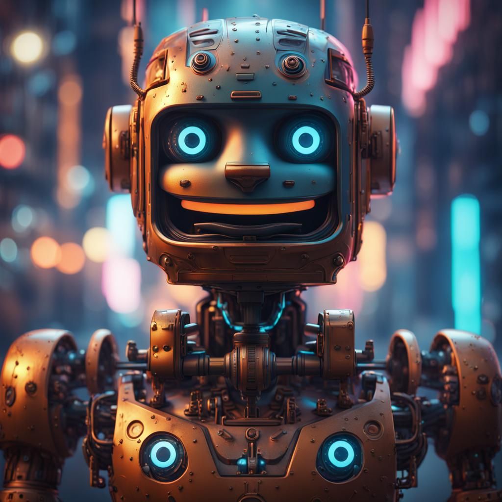 Cute Robot Man Smiling in Neon City