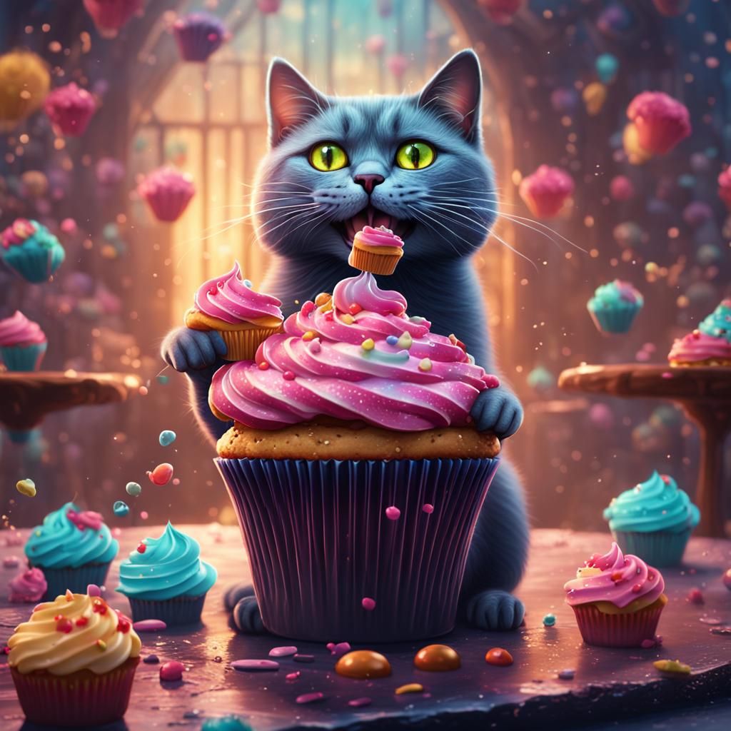 Cat Eating Cupcake: Detailed Matte Painting