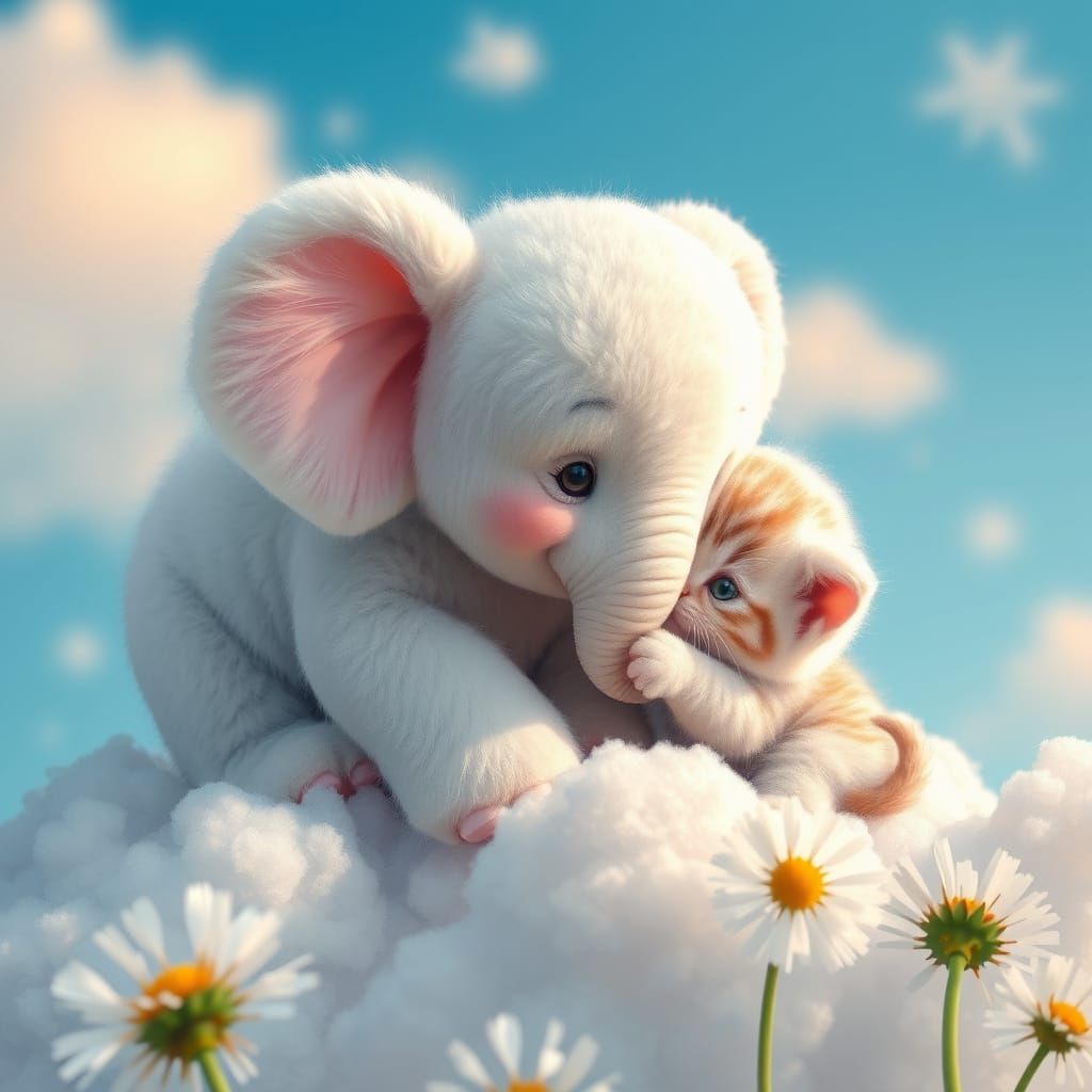 Whimsical Candyland Wonder of a Tiny Elephant and Kitten