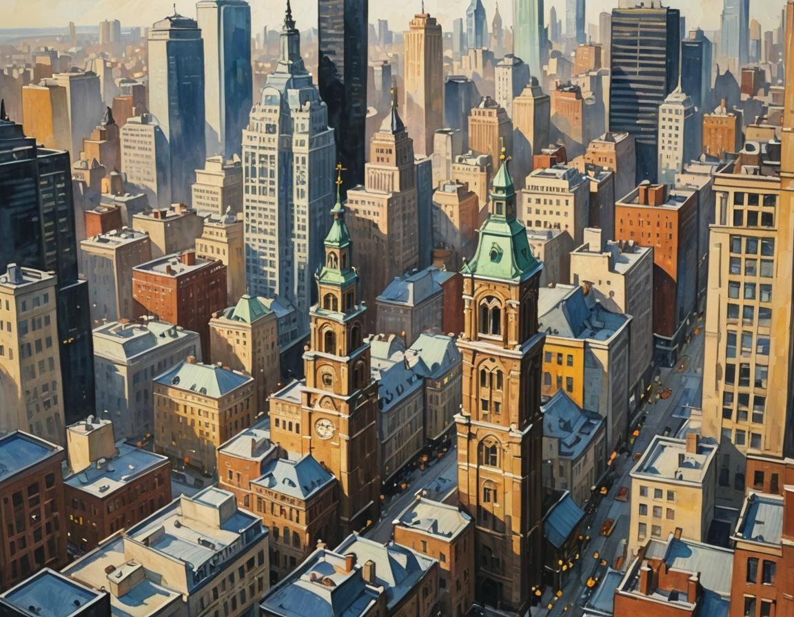 Gouache Cityscape Masterpiece with Clock Tower