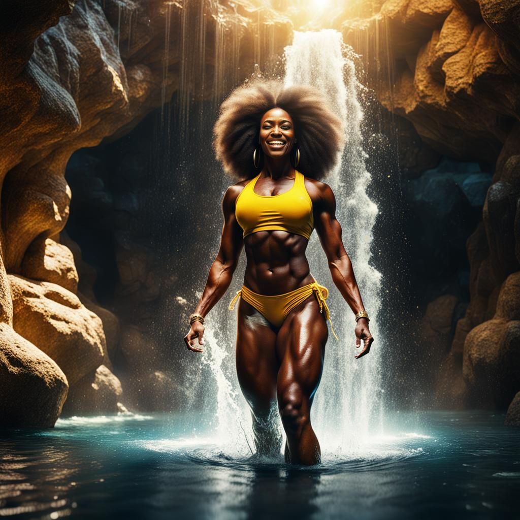 African Bodybuilder Emerges from Water, Cinematic Digital Ar...