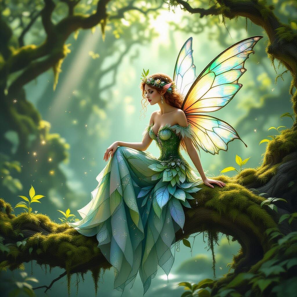 Enchanted Fairy on Mossy Branch in Ancient Forest