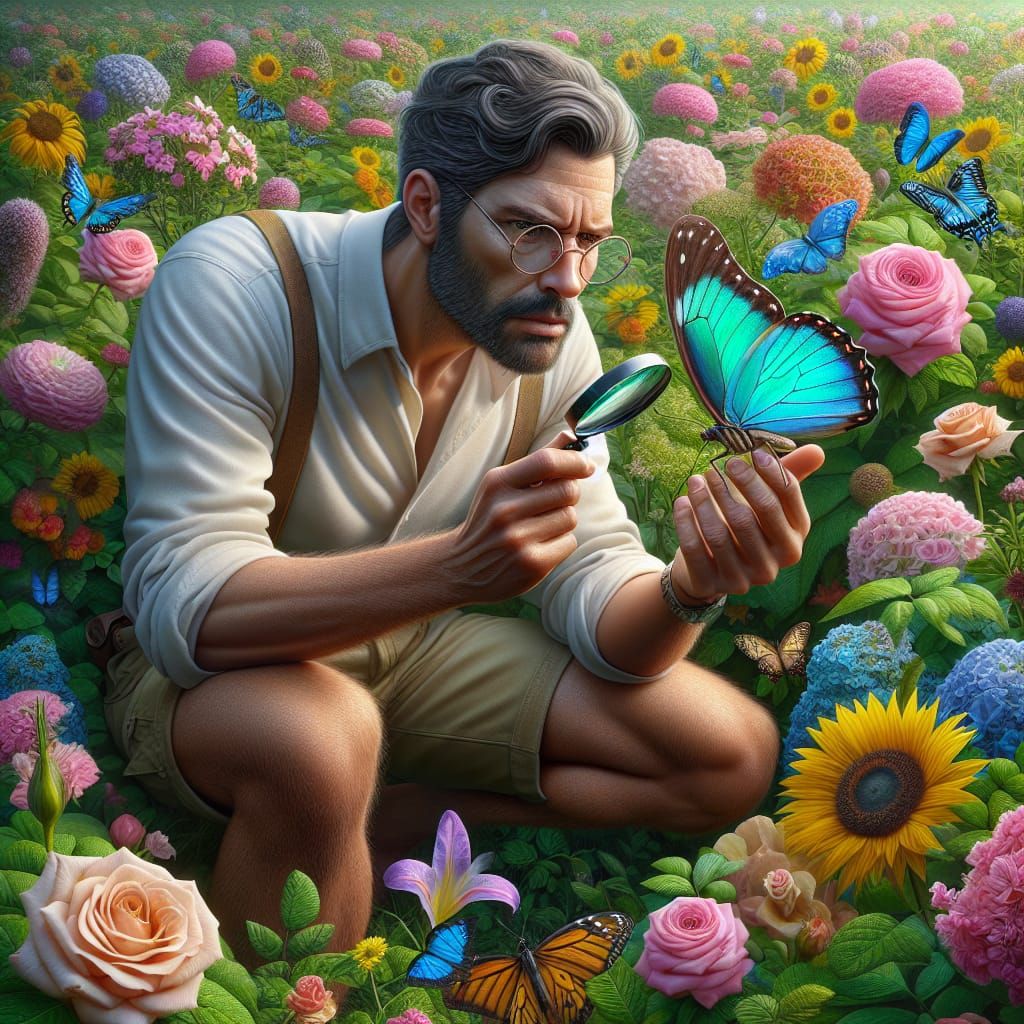 Lepidopterist Studies Turquoise Butterfly in Flower Meadow