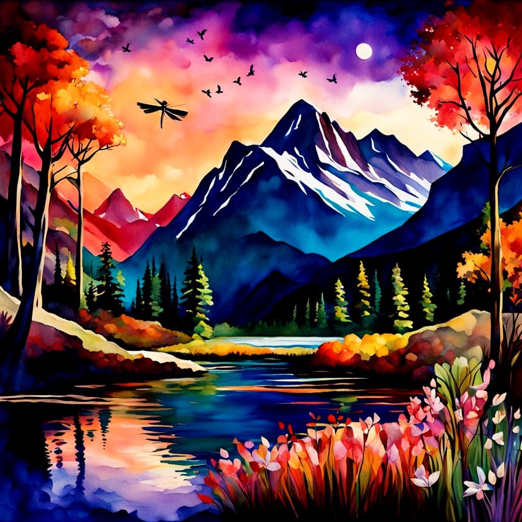 watercolor the sky’s fiery hues fade behind rugged peaks as ...