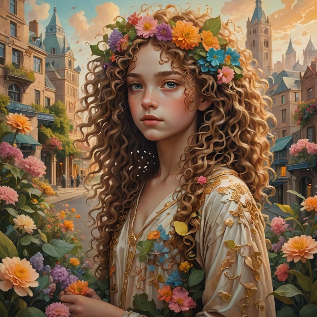 Surrealist Portrait of Girl in Cityscape with Flowers