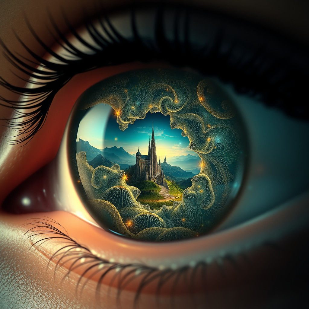 Landscape Reflected in Fractal Eye, Matte Painting Style