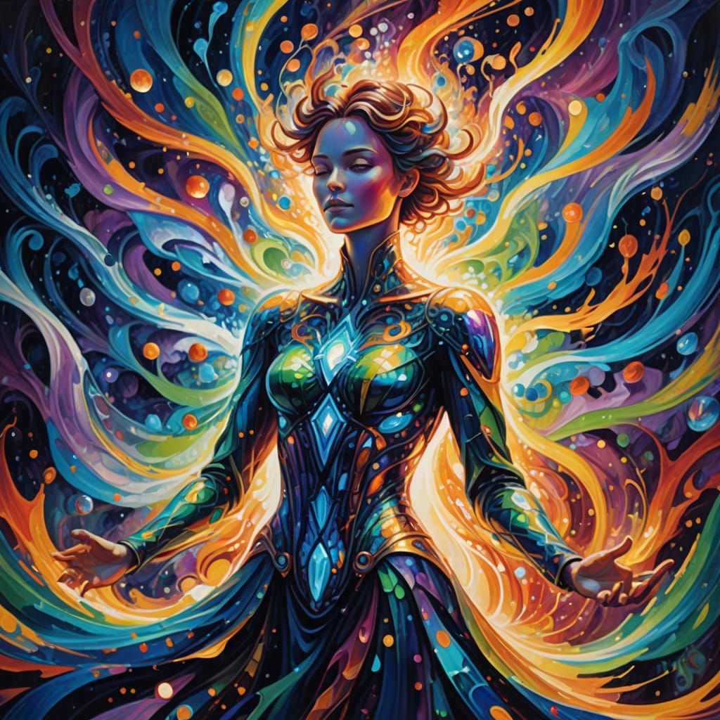 Stylized Figure Radiating Light in Psychedelic Oil Painting