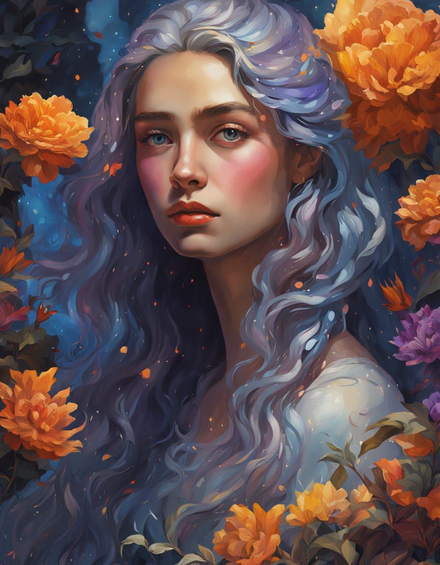 Ethereal Nighttime Garden Portrait in Cinematic Oil Painting...
