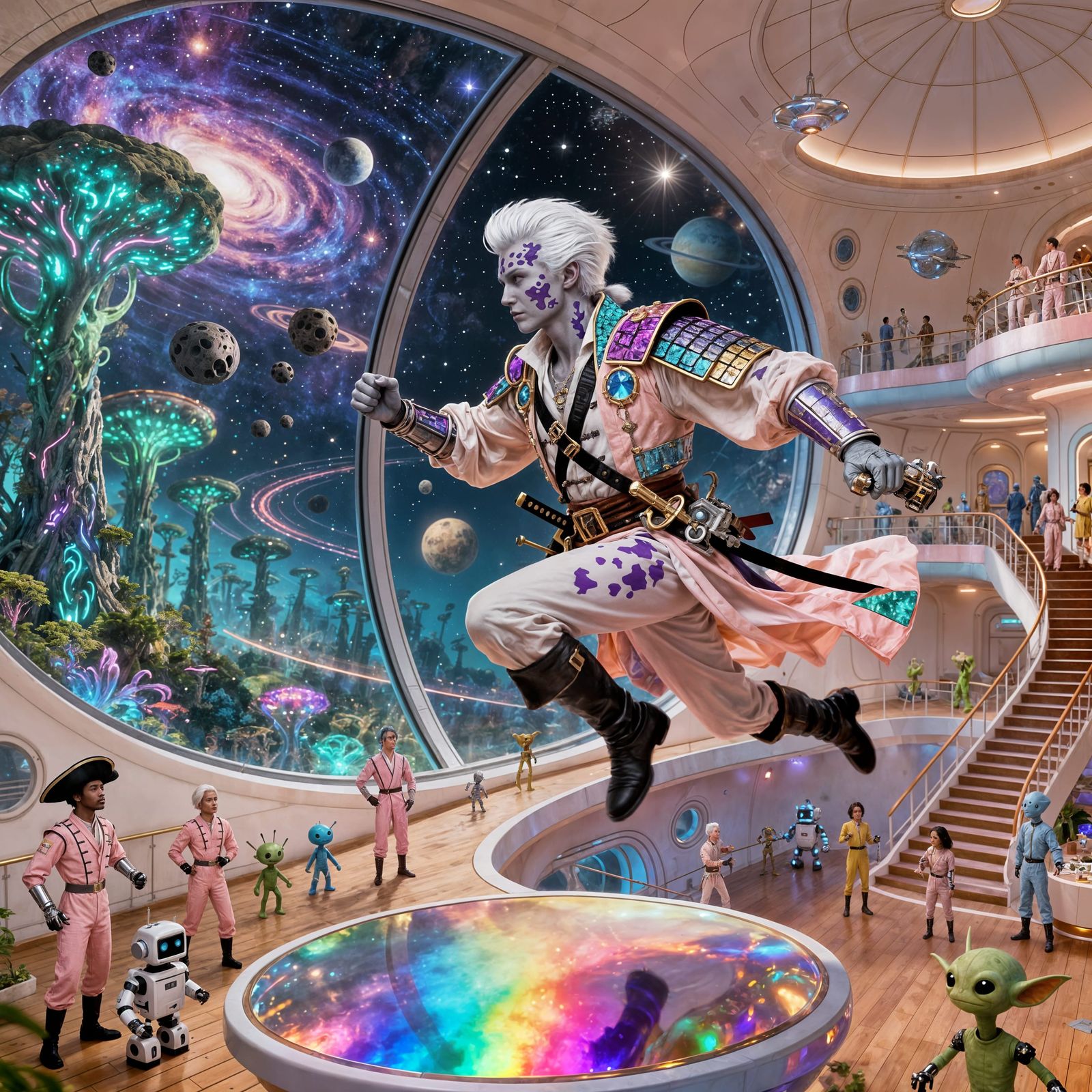 Sci-Fi Captain Leaps Across Whimsical Spaceship Deck