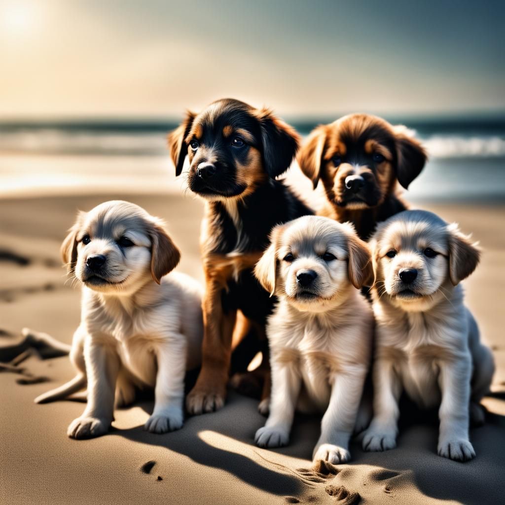 Hyperrealistic Puppies Enjoying a Beach Day