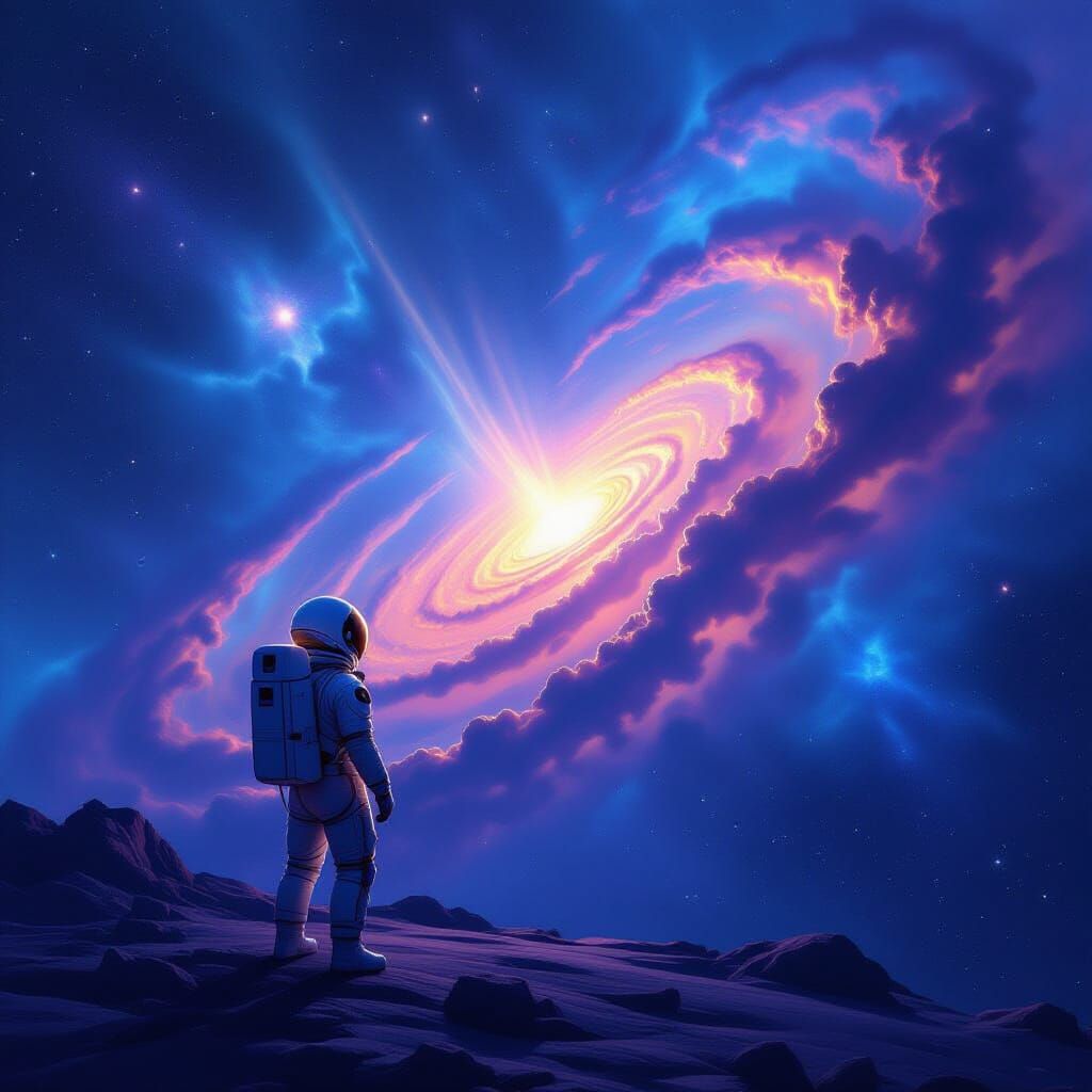 Astronaut Adrift in Vibrant Cosmic Nebula
