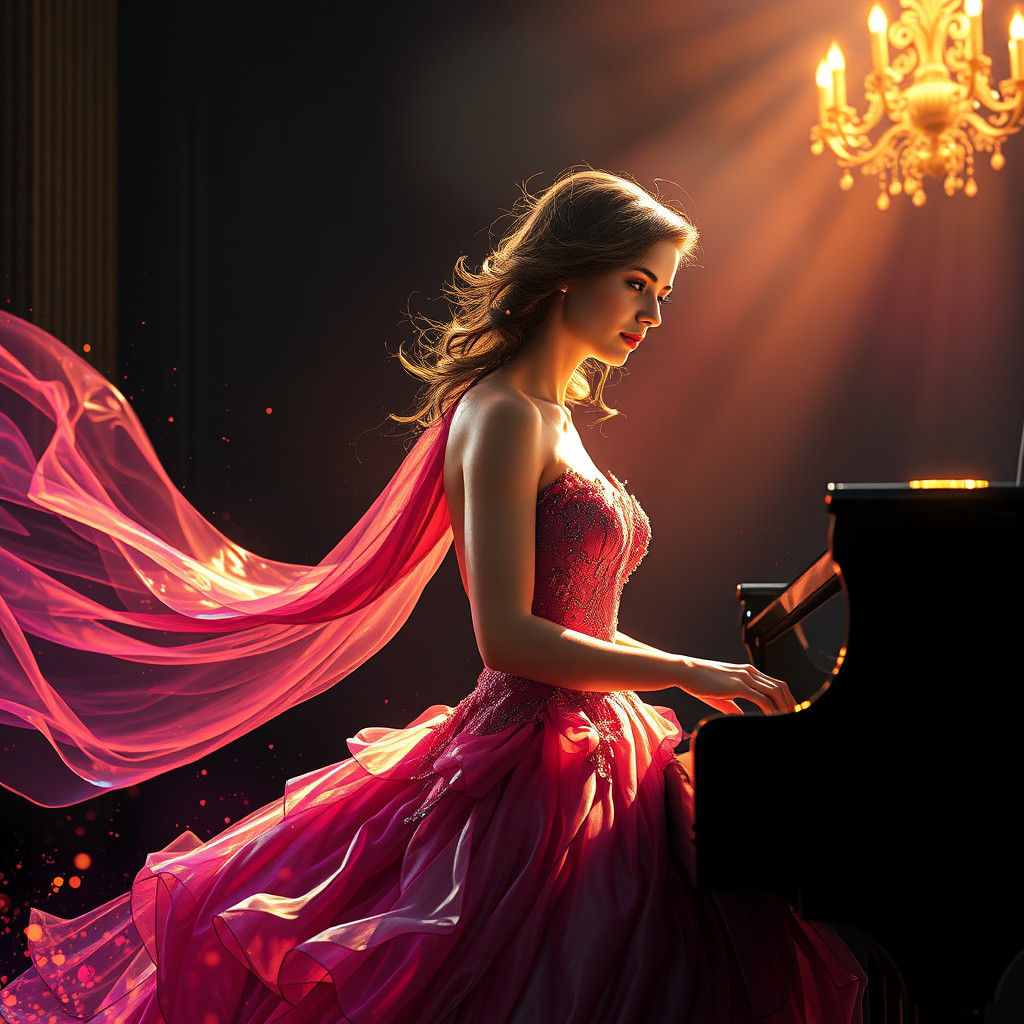 Elegant Concert Pianist Portrait in Hyperdetailed Splash Art