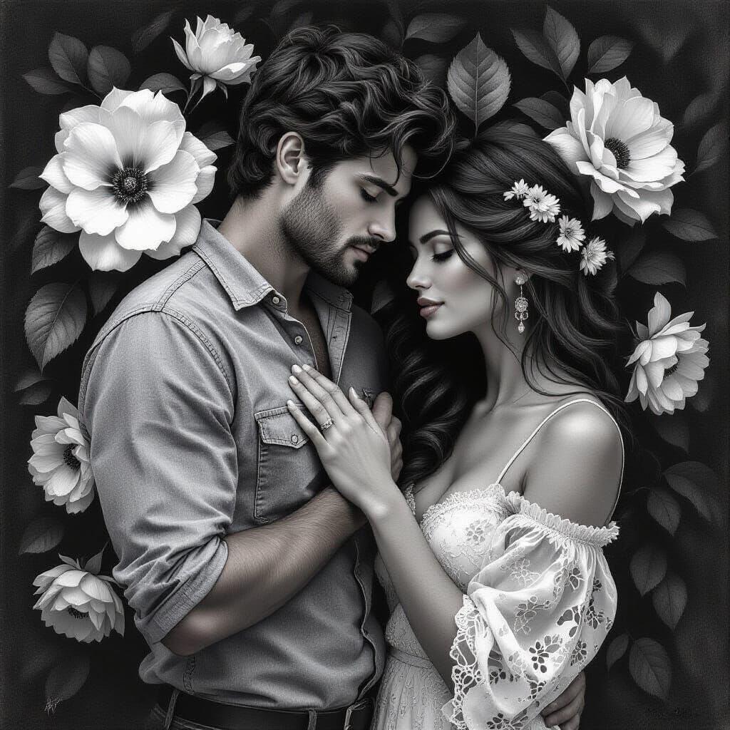 Monochrome Male Figure Surrounded by Flowers