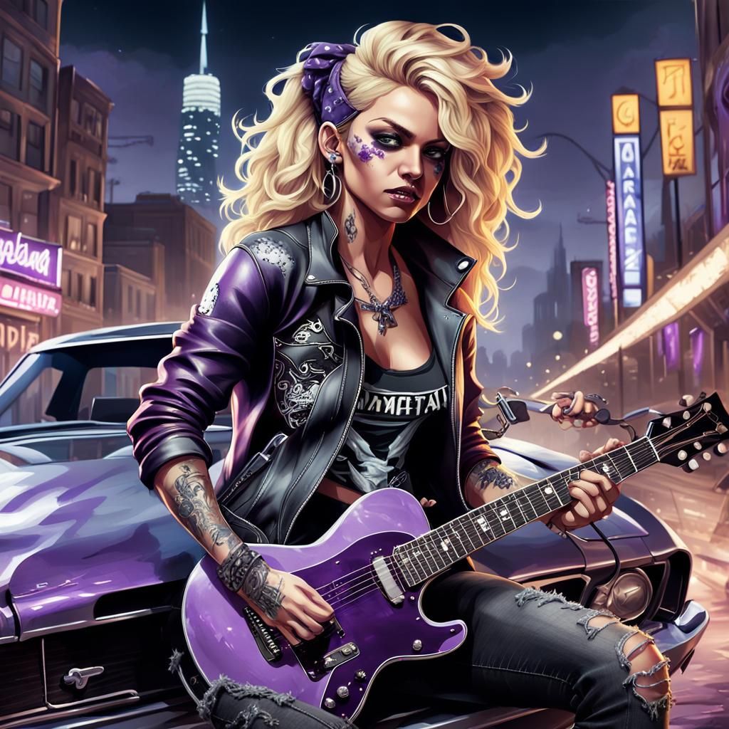 Rocker Woman Plays Guitar in Fantasy City at Dusk