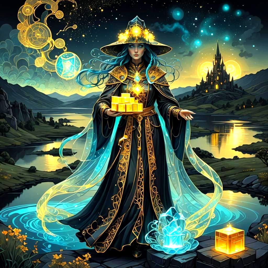 Bioluminescent Wizard with Bricks in Art Nouveau Style