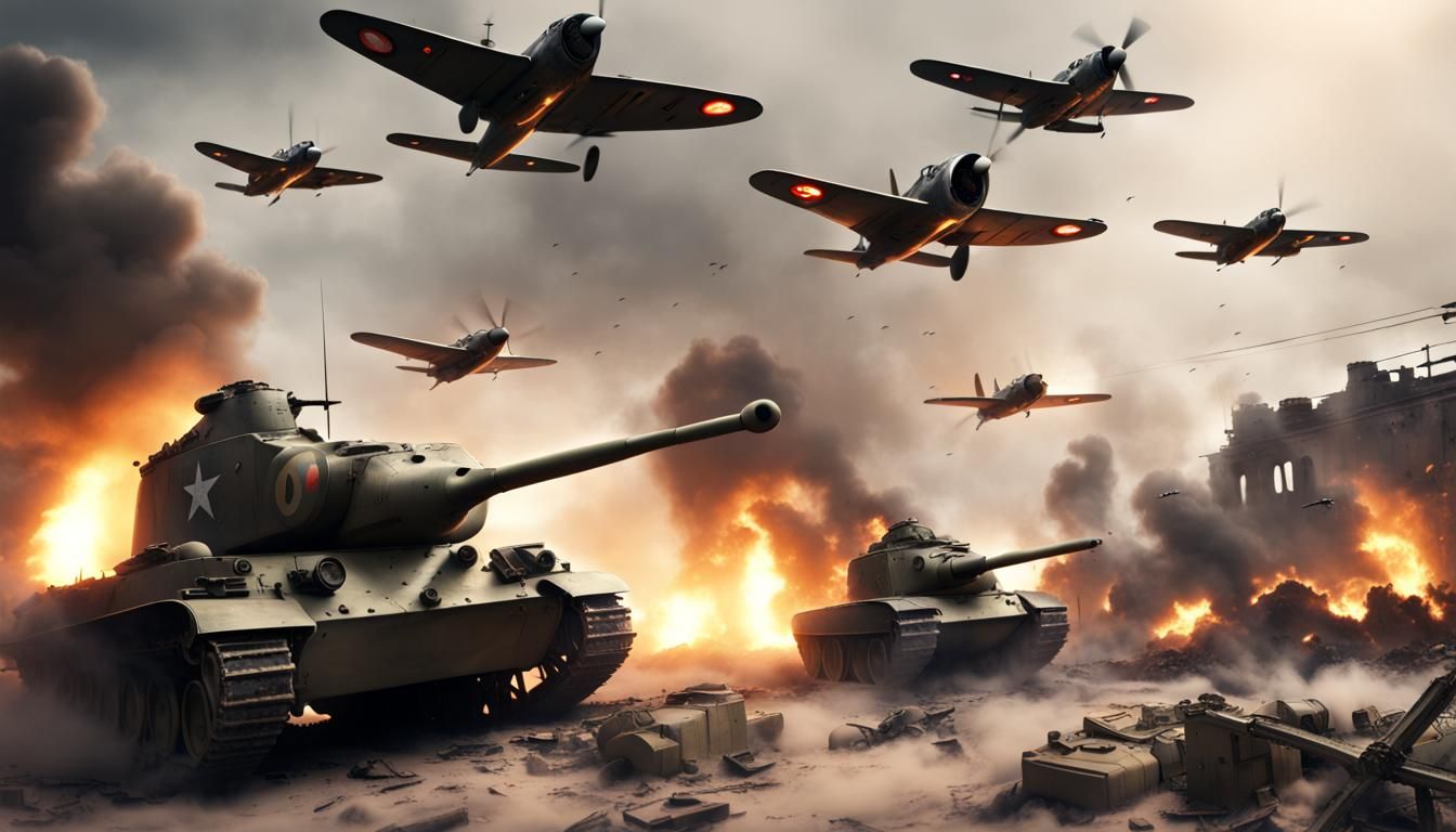 WWII Aerial Combat Scene with Graffiti and Fire