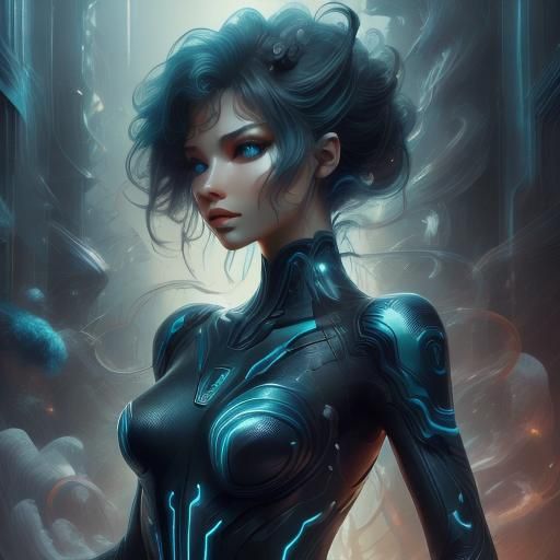 Cyberpunk Woman Gazing into Cyberspace Landscape