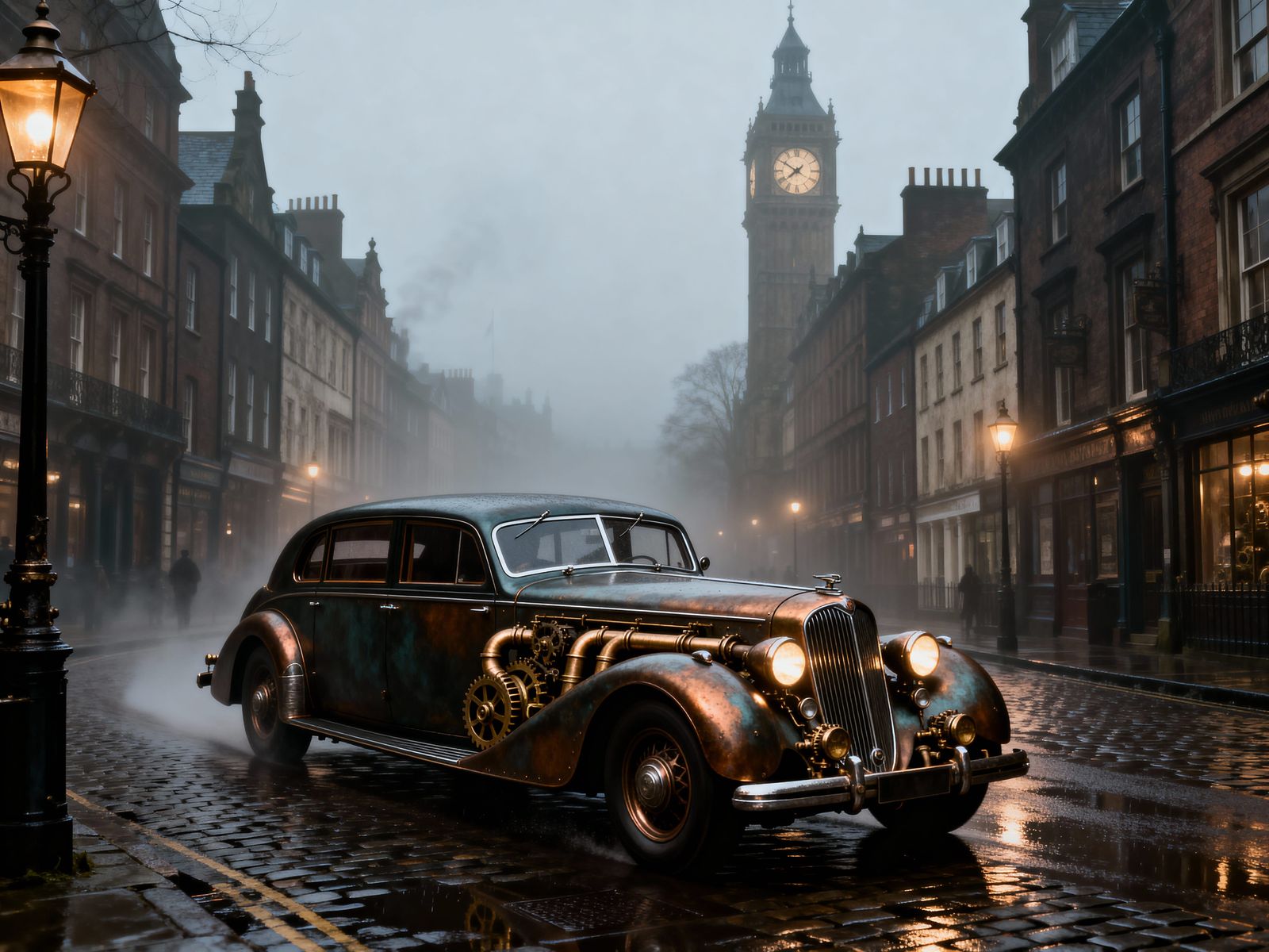 Vintage Steampunk Limousine in Foggy Victorian City