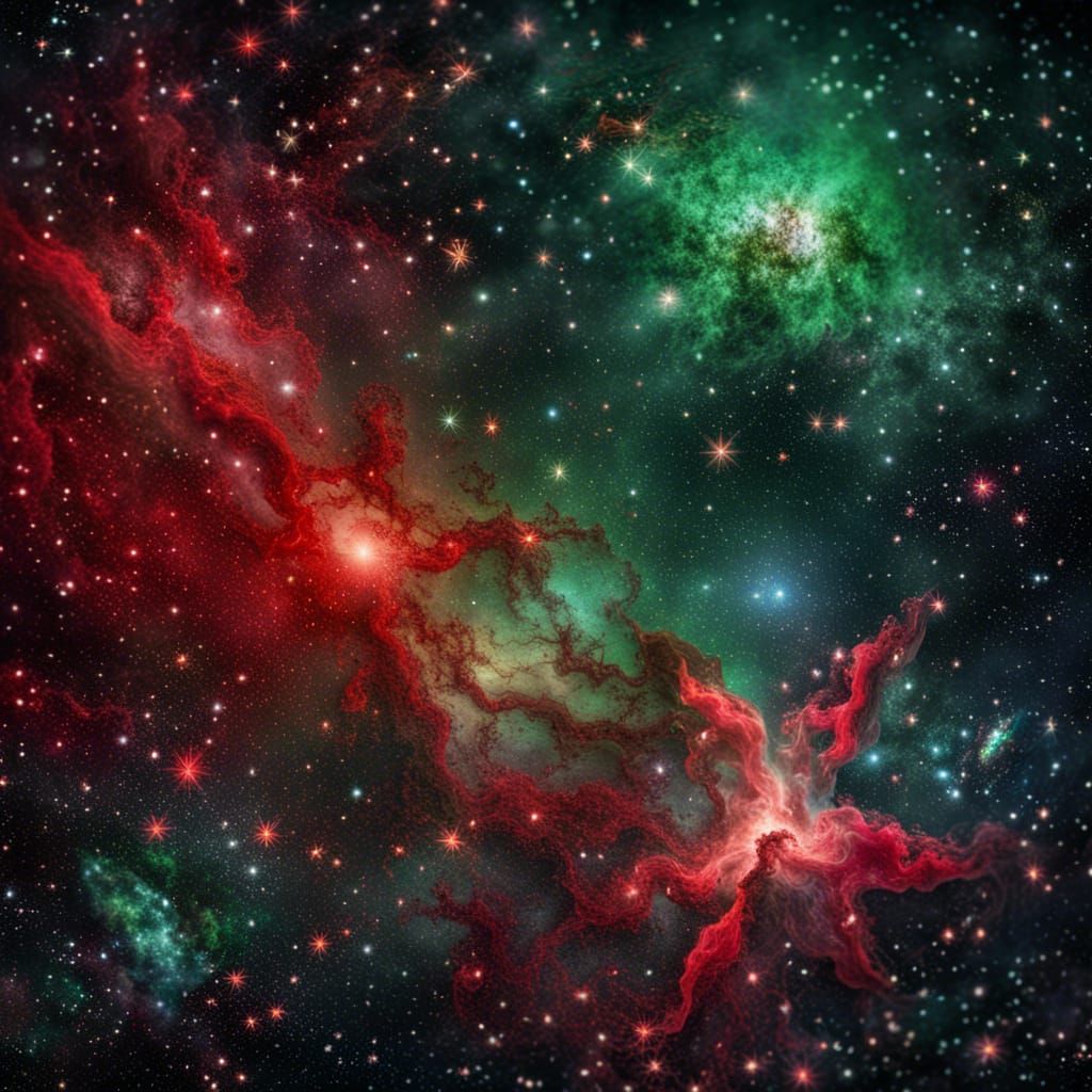 Hyperrealistic Red and Green Stars in Galaxy
