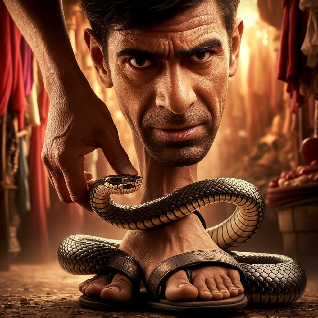 Determined Warrior Crushes Snake in Bustling Middle Eastern ...