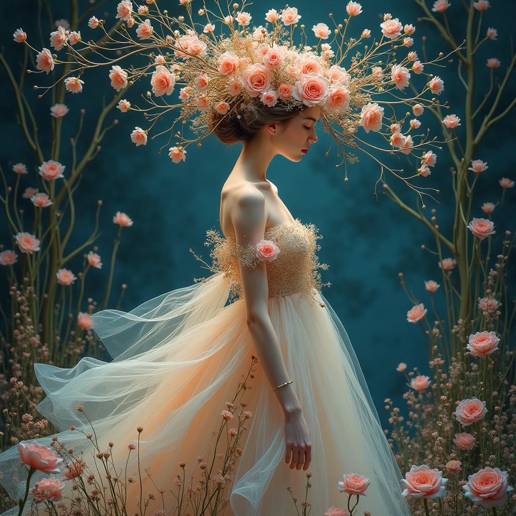 Floral Silhouette Sheds Tears Amid Blossoming Garden