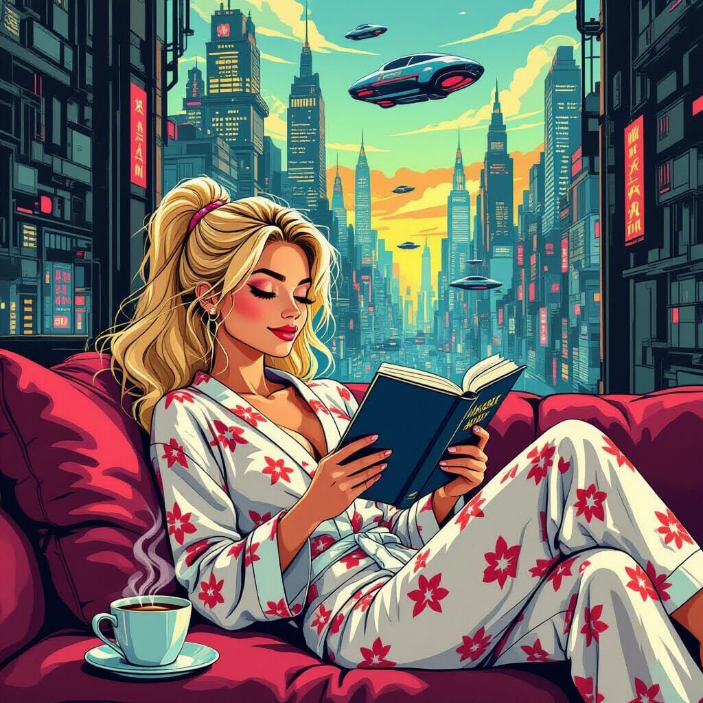 Woman Reading in Futuristic Apartment, Bruce Timm Style