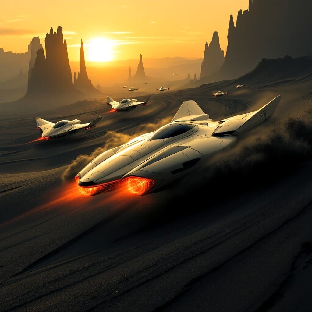 Elegant Spacefighter Fleeing in a Black Sand Desert by Sunse...