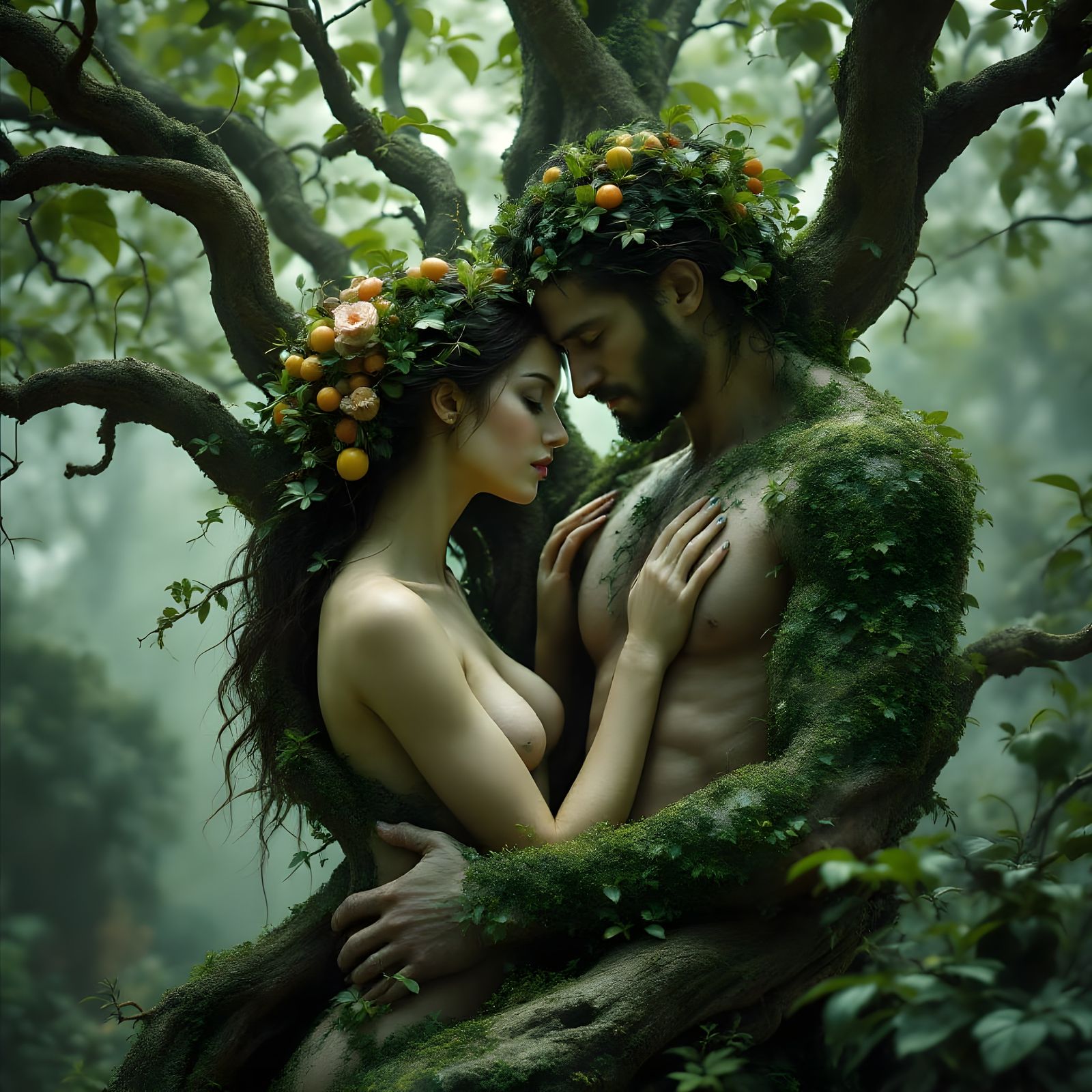 Adam and Eve in Ethereal Garden of Eden