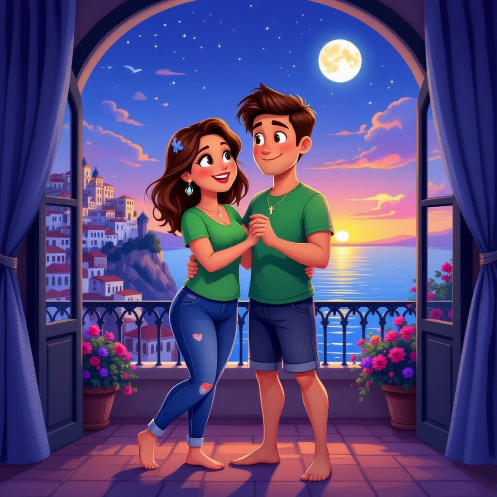 Young Italian Couple Dancing Joyfully in Sunset Bedroom