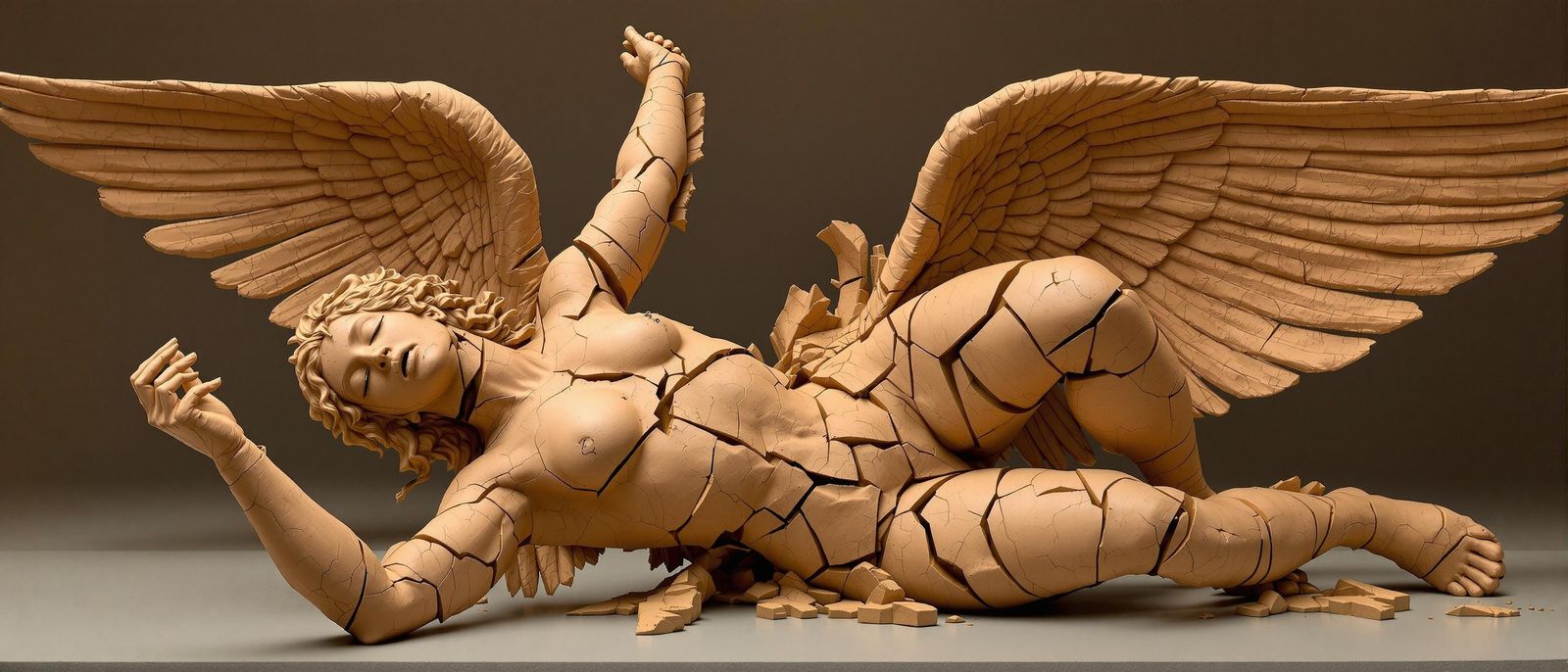 Terracotta Falling Angel Sculpture in Classical Style